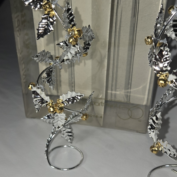 Candle Stick Holders Silver Leaves And Tiny Brass Jingle Bell Spirals NIB 6" - Picture 4 of 10